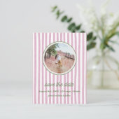 Striped pink and greensave the date photo postcard aankondigingskaart (Staand voorkant)