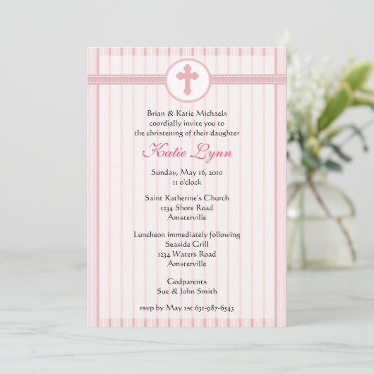 Striped Pink Cross Invitation Kaart (Staand voorkant)
