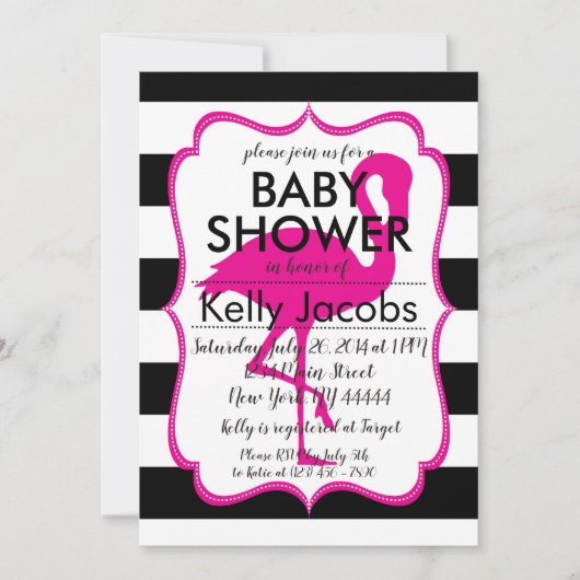 Striped Pink Flamingo Baby shower Invitation Kaart (Voorkant)