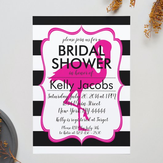 Striped Pink Flamingo Baby shower Invitation Kaart