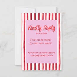 Striped Pink & Red Handwriting Wedding RSVP Kaartje