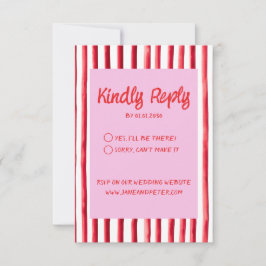 Striped Pink & Red Handwriting Wedding RSVP Kaartje