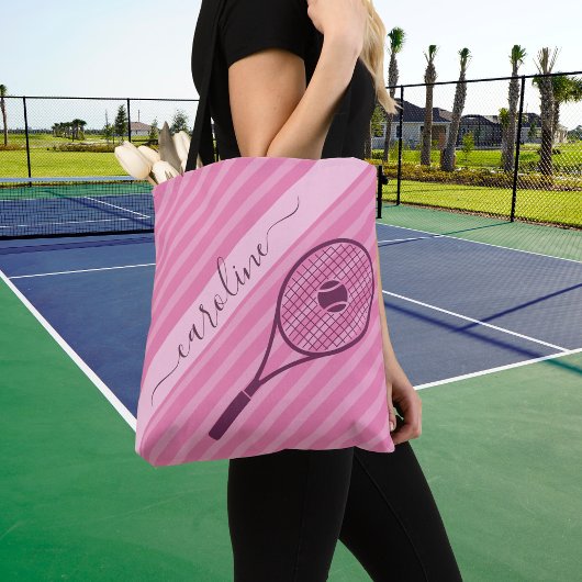 Striped Pink Tennis Racket Ball Girly Cute Tote Bag