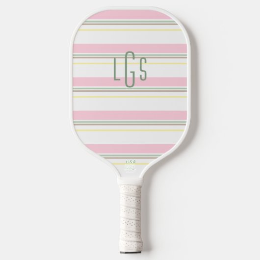 Striped Pink Yellow Green White Lt Brown Monogram Pickleball Paddle (Voorkant)