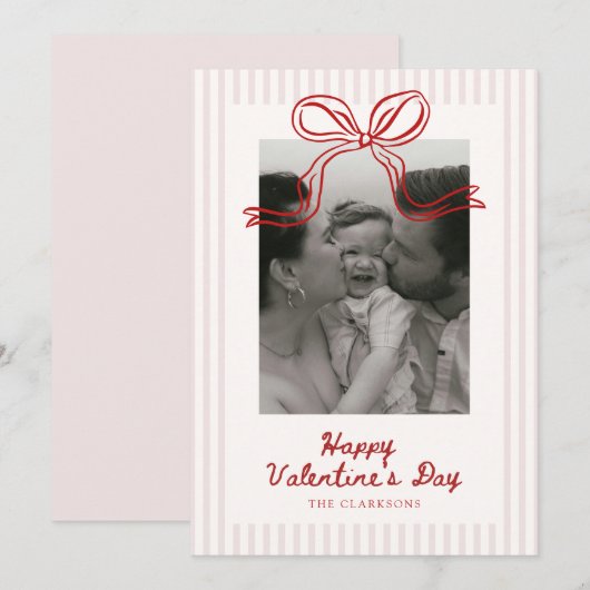 Striped Red Bow Valentine’s Day Photo Card Feestdagenkaart (Voorkant / Achterkant)