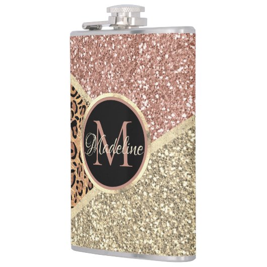 Striped Roos Gold Glitter Leopard Monogram Heupfles (Links)