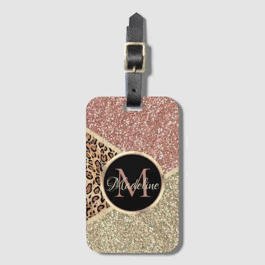 Striped Roos Gold Glitter Leopard Monogram Naam Bagagelabel (Voorkant (verticaal))