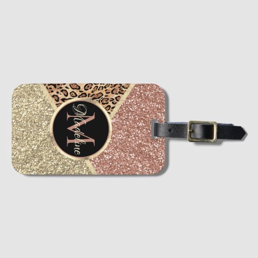 Striped Roos Gold Glitter Leopard Monogram Naam Bagagelabel (Voorkant (horizontaal))