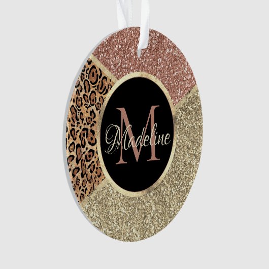 Striped Roos Gold Glitter Leopard Monogram Ornament (voorkant)