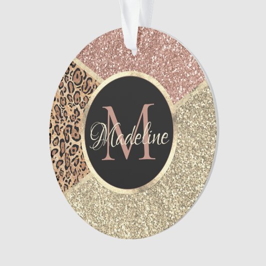 Striped Roos Gold Glitter Leopard Monogram Ornament (voorkant)