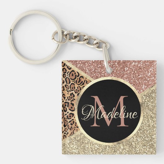 Striped Roos Gold Glitter Leopard Monogram Sleutelhanger (voorkant)