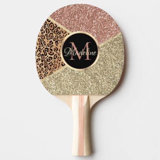 Striped Roos Gold Glitter Leopard Monogram Tafeltennisbatje (Voorkant)