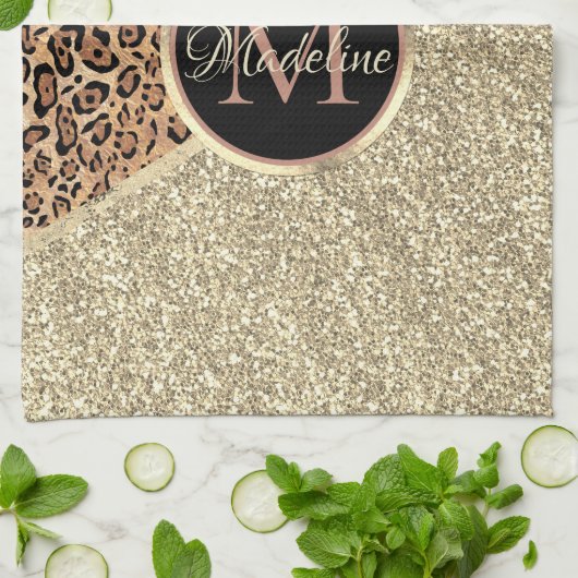 Striped Roos Gold Glitter Leopard Monogram Theedoek (Gevouwen)