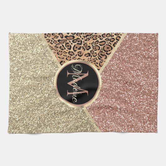 Striped Roos Gold Glitter Leopard Monogram Theedoek (Horizontaal)