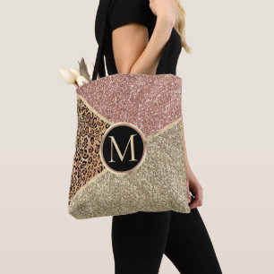 Striped Roos Gold Glitter Leopard Monogram Tote Bag