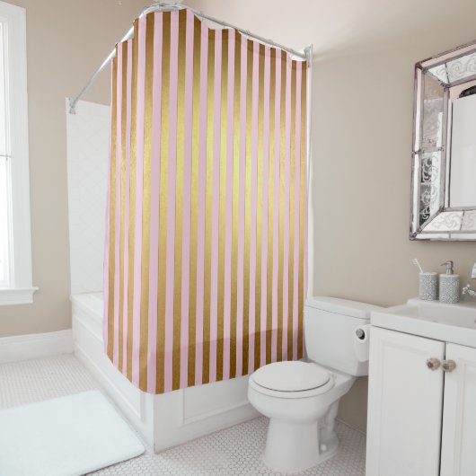 Striped- roze en gouden strepen douchegordijn (In situ)