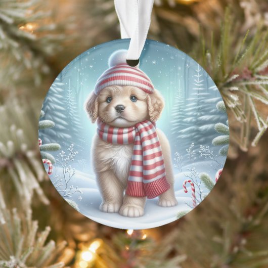 Striped Scarf Puppy & Candy Cane Glow  Ornament (Boom)
