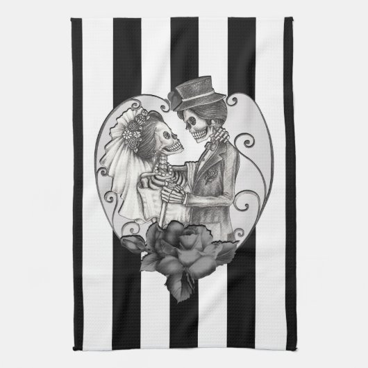 Striped Skeleton Love Couple Marriage Dance Theedoek (Verticaal)