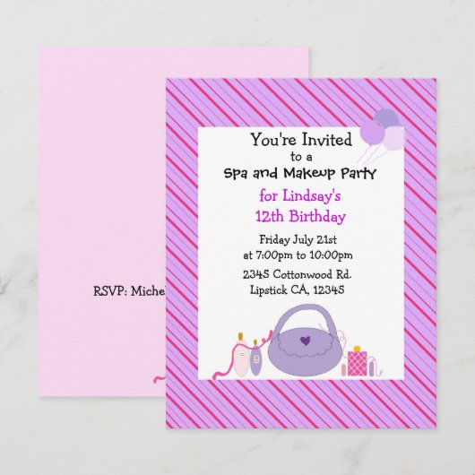 Striped Spa and Makeup Birthday Invitation Kaart (Voorkant / Achterkant)
