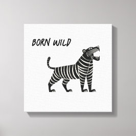 Striped Tiger Illustration – Minimalist Folk Anima Canvas Afdruk