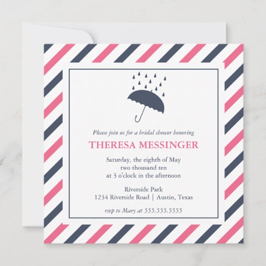Striped Umbrella Bridal Shower Invitation Kaart (Voorkant)