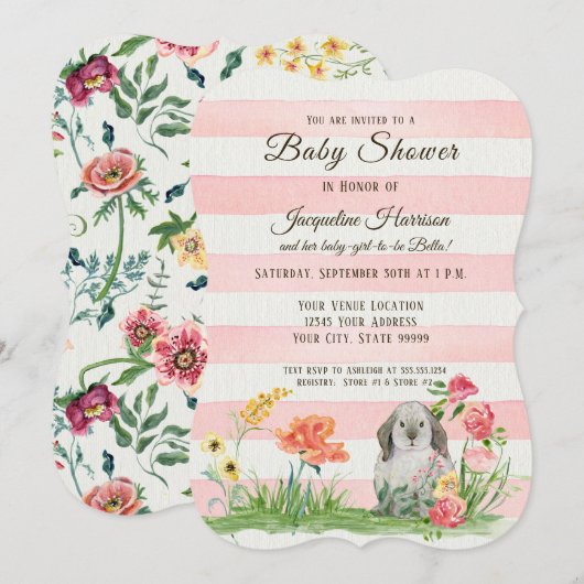 Striped Woodland Lop Ear Rabbit Girl Baby shower Kaart (Voorkant / Achterkant)