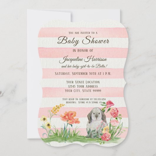 Striped Woodland Lop Ear Rabbit Girl Baby shower Kaart (Voorkant)