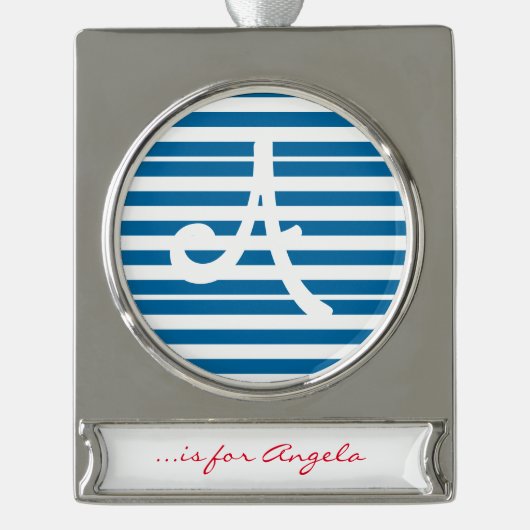 Stripes | Blauw & Wit | | Verzilverd Banner Ornament (Voorkant)