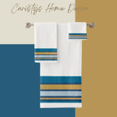 Stripes Blue, Grey, Gold op White Bath Towel Set Bad Handdoek