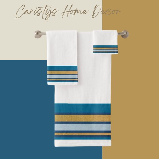 Stripes Blue, Grey, Gold op White Bath Towel Set Bad Handdoek