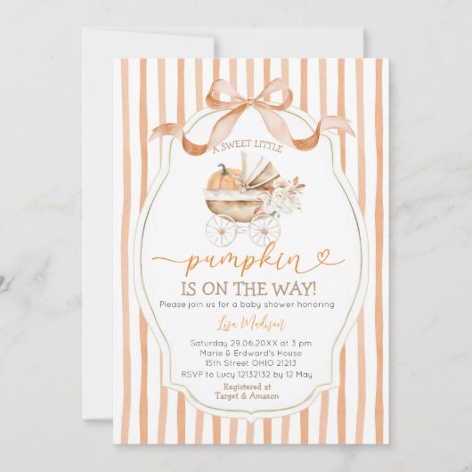 Stripes Bow Sweet Little Pumpkin Baby shower Kaart (Voorkant)