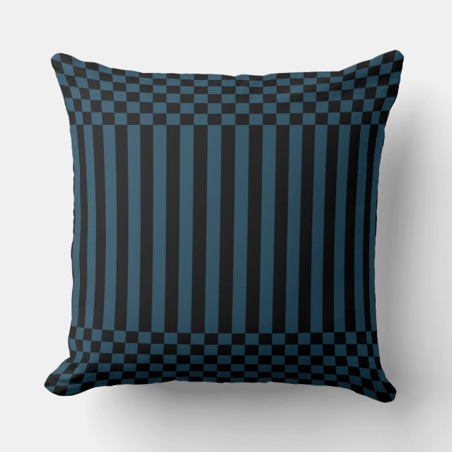 Stripes & Checker in zwart en blauw Sierkussen (Voorkant)