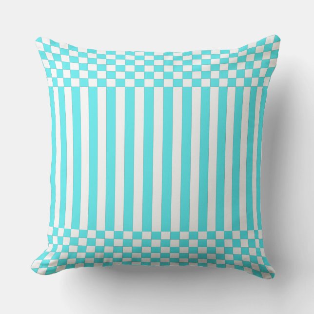 Stripes&Checker Wit en Turquoise Sierkussen (Voorkant)