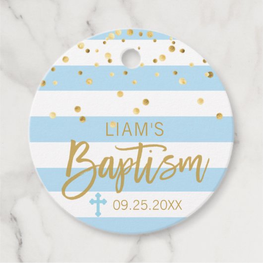 Stripes Cross Pastel BLAUW Gouden JONGEN DOOP Bedankjes Labels (Voorkant)