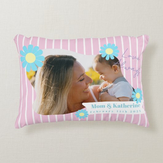 Stripes Daisy Floral Photo Pink Accent Kussen (Voorkant)