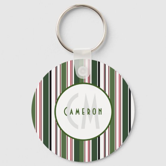stripes Elegant Green White Monogram Sleutelhanger (Voorkant)