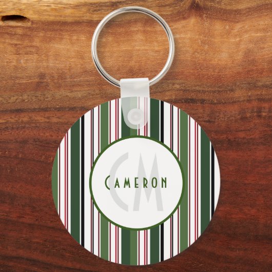 stripes Elegant Green White Monogram Sleutelhanger (Voorkant)