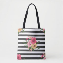 Stripes en bloemen tote bag