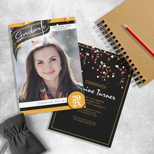 Stripes en Confetti Afstuderen Black/Gold ID890 Kaart