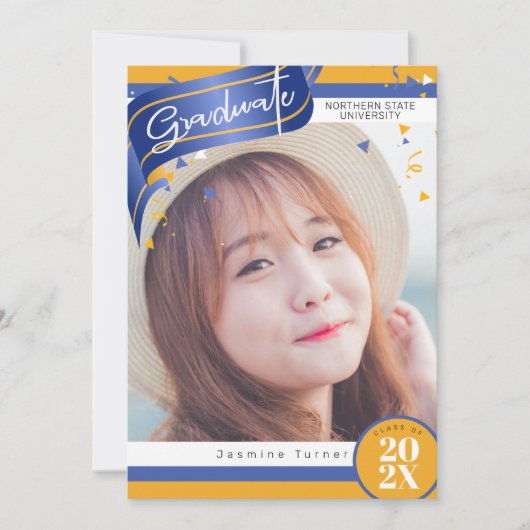 Stripes en Confetti Afstuderen Blue/Gold ID890 Kaart (Voorkant)