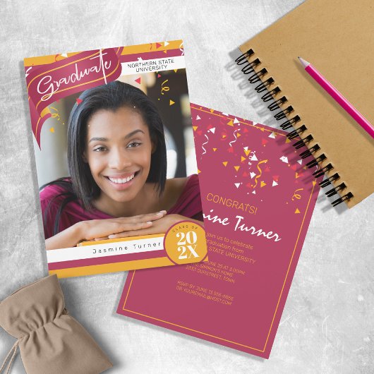 Stripes en Confetti Afstuderen Red/Gold ID890 Kaart