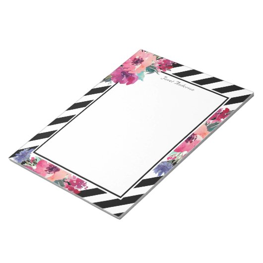 Stripes en Floral Pattern met Jouw naam Notitieblok (Schuin)