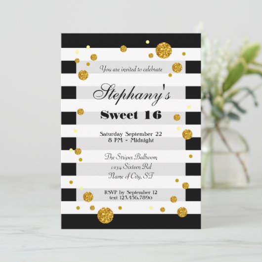 Stripes en Glitter Sweet Sixteen-uitnodiging Kaart (Staand voorkant)