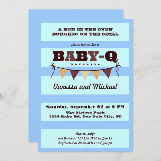 Stripes en Pennant Baby Q Invitation Kaart (Voorkant / Achterkant)