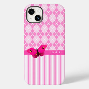 Stripes en roze argyle patroonvlinder duurzaam Case-Mate iPhone case