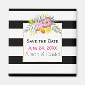 Stripes en roze bloemen bruiloft Sla de datum op Magneet (Voorkant)