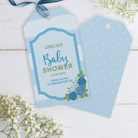 Stripes en Rozen Blue Boy Baby shower Cadeaulabel