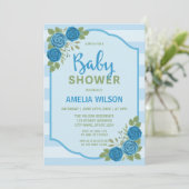 Stripes en Rozen Blue Boy Baby shower Invitation Kaart (Staand voorkant)