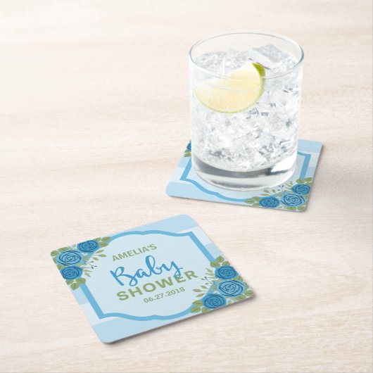 Stripes en Rozen Blue Boy Baby shower Kartonnen Onderzetters (Insitu)