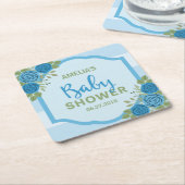 Stripes en Rozen Blue Boy Baby shower Kartonnen Onderzetters (Schuin)
